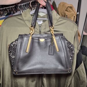 Coach Black Leather & Tweed Dreamer Satchel Gold Hardware Luxury Bag